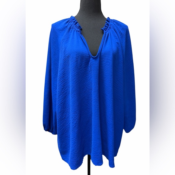 ee: some Tops - ee:some Fashion Cobalt Blue V-Neck Peasant Blouse with Puff sleeves Size XL